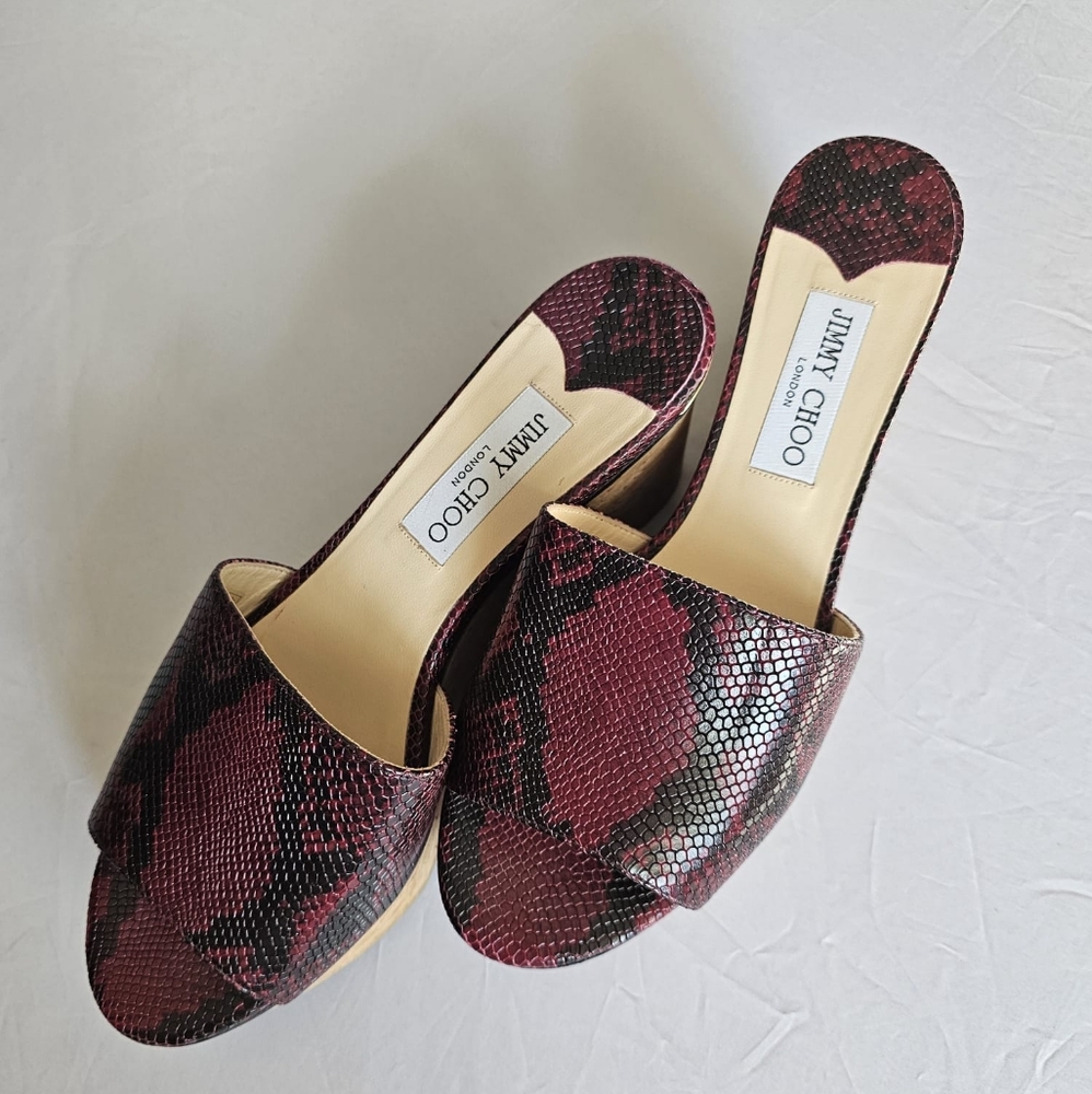 Jimmy Choo Burgundy Snake Print Leather Cork Wedge Sandals (Size 9.5)